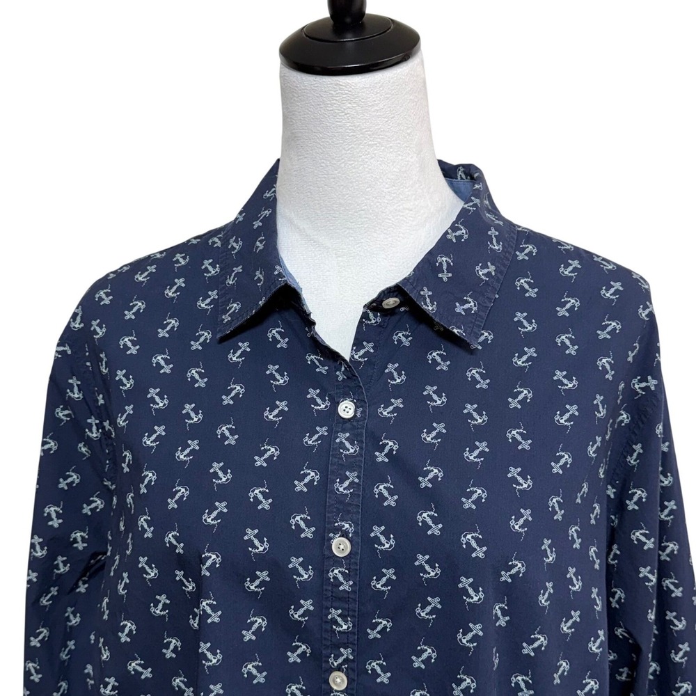 Talbots Shirt Women 22W 3X Petite Blue Long Sleeve Button Up Anchor Nautical Top
